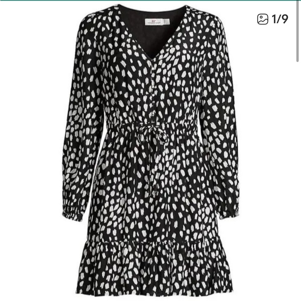 Vineyard Vines Spotted Tie-Waist silk blend Dress color Black Marshmallow size M
